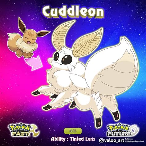 Meet the Bug-type Eeveelution, Cuddleon! Cuddleon evolves from Eevee when leveled up while ...