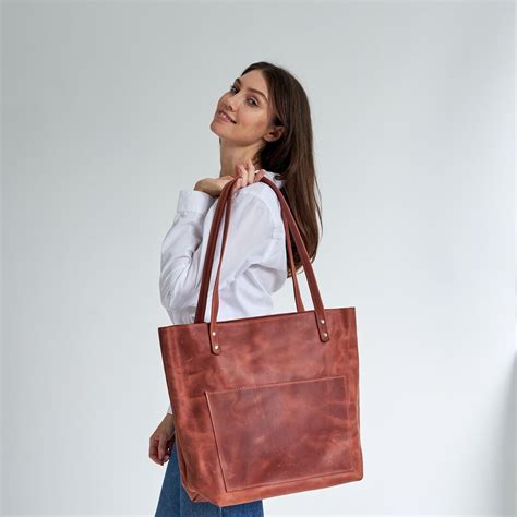 Leather Tote Bag With Zipper and Outside Pocket, Women's Leather Tote ...