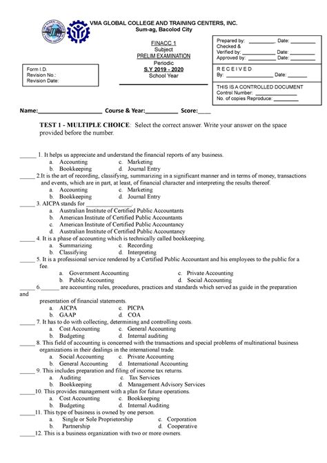 Prelim examination for Accounting 1 - Prelim - VMA GLOBAL COLLEGE AND ...