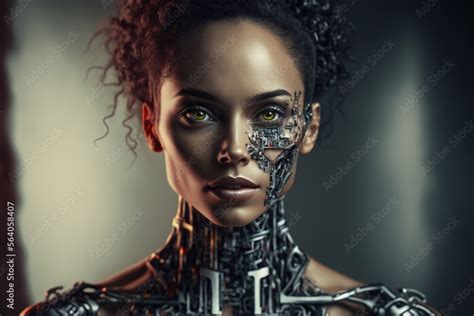 A portrait of a woman half human half robot, cyborg concept, artificial intelligence concept ...