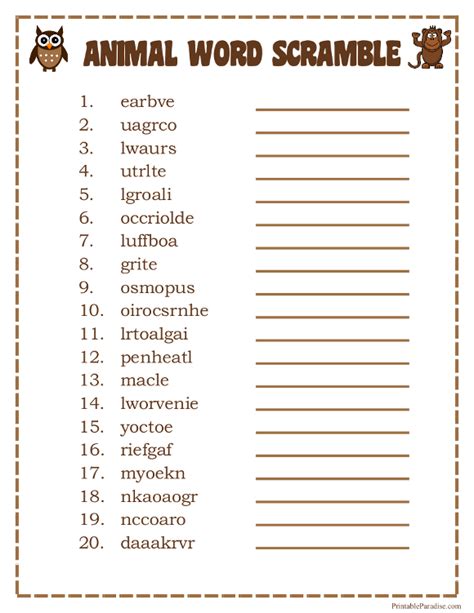 Printable Animals Word Scramble Game