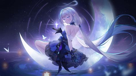 Beautiful Anime Girl Sitting On The Moon Live Wallpaper - WallpaperWaifu