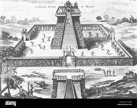 Aztec priests sacrificing prisoners to the god Huitzilopochtli at the great temple of ...