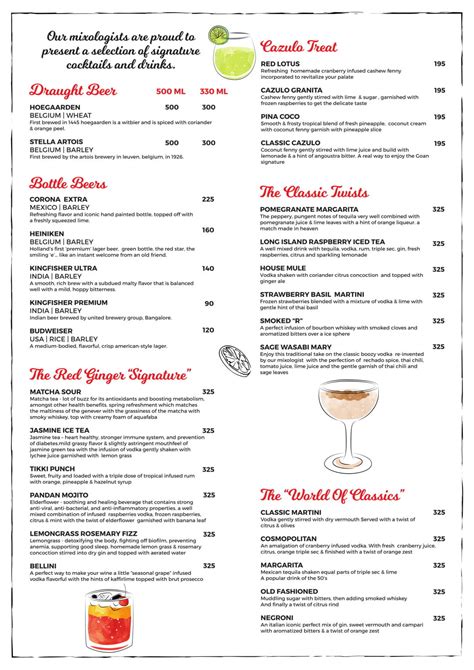 Red Ginger Menu, Menu for Red Ginger, Panaji, North Goa, Goa