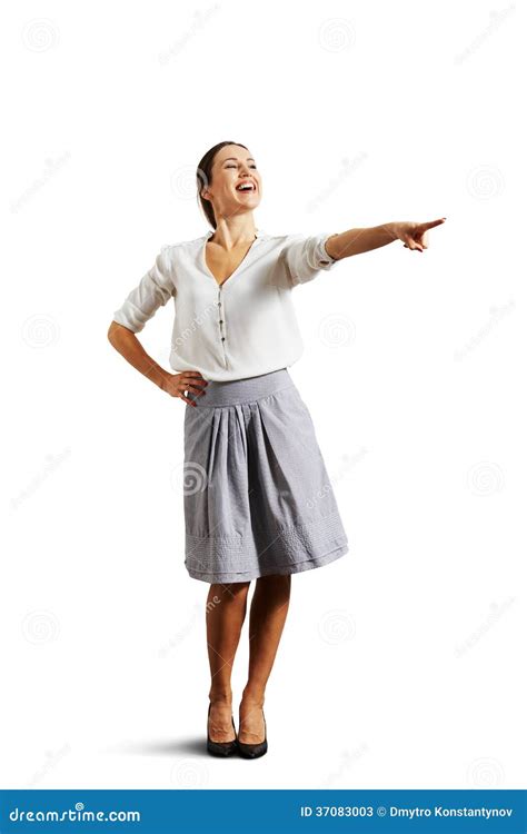 Woman Pointing at Something and Laughing Stock Image - Image of cheerful, shirt: 37083003