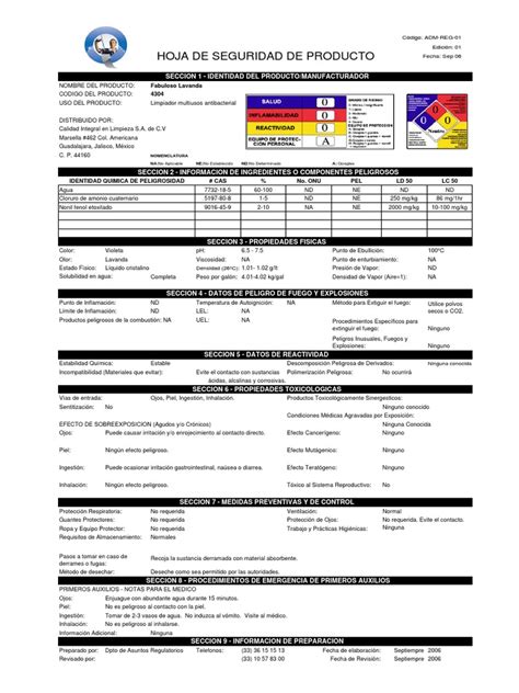 MSDS.Fabuloso Lavanda.pdf | Sustancias químicas | Agua