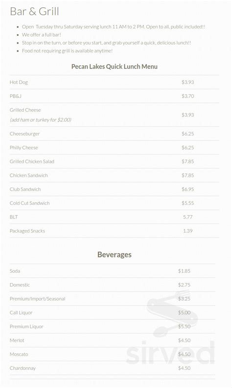 Menu for Pecan Lakes Golf Club in Navasota, TX | Sirved