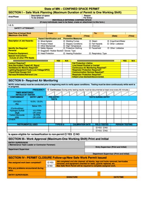 Confined Space Permit - State Of Mn printable pdf download