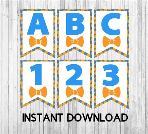 printable alphabet and numbers banner with bow ties on it, in blue and orange