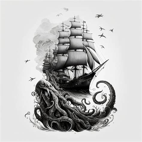 Pirate Ship Vs. Kraken Tattoo Design White Background PNG File Download ...