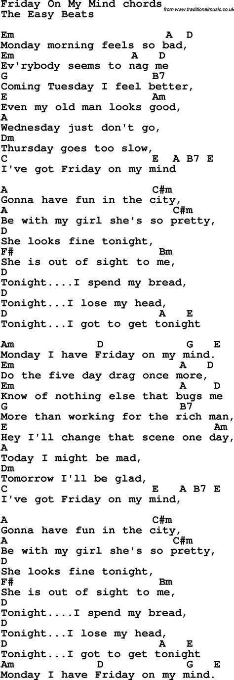 Song lyrics with guitar chords for Friday On My Mind