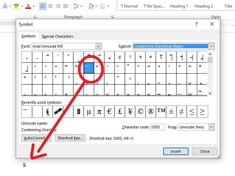 X Bar Symbol in Word