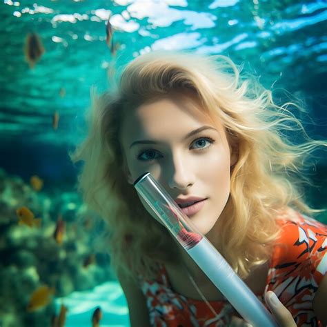 Premium Photo | Photo of Blonde Australian Woman Holding a Lip Liner Great Barrier Re Concept Idea