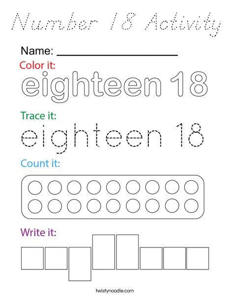 Number 18 Activity Coloring Page - D'Nealian - Twisty Noodle