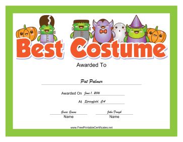 Halloween Costume Award Printable Certificate