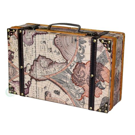 Vintiquewise 13.8 in. x 8.8 in. x 5 in. Wood and Faux Leather Old World Map Suitcase-QI003030 ...