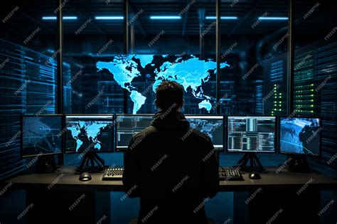 Premium AI Image | Male hacker in a room in front of monitors