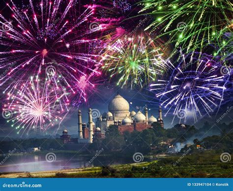 Festive Fireworks Over Taj Mahal, India Stock Photo - Image of ...