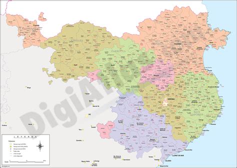 Girona - province map with municipalities, comarcas and postal codes