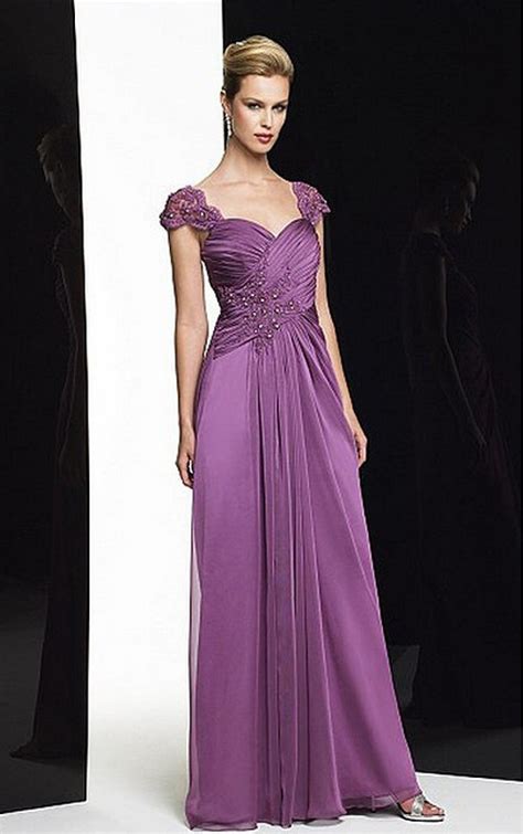 Summer Formal Ruched Lilac Purple Chiffon Long Mother of the Bride Dresses Cap Sleeves bride ...