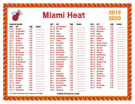 Printable 2019-2020 Miami Heat Schedule