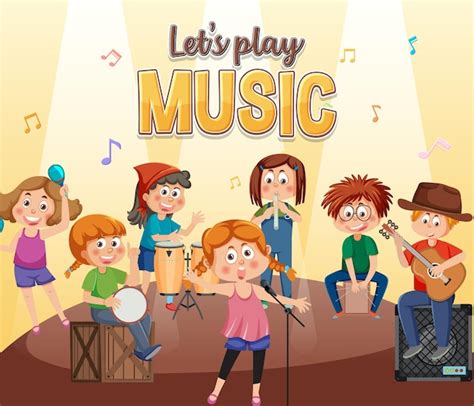 Premium Vector | Lets play music text with children music band