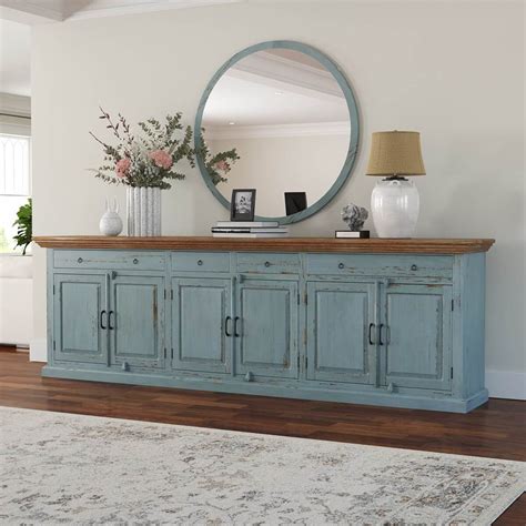 Conway Blue Two Tone Solid Wood 4 Drawer Extra Long Sideboard Buffet ...