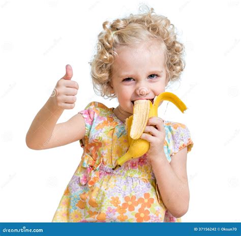 Kid Girl Eating Banana and Showing Ok Sign Stock Photo - Image of background, child: 37156242