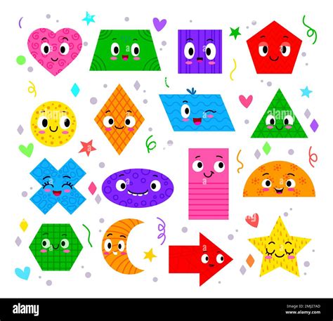 Math shape characters. Funny heart, square, circle and hexagon, rhombus or diamond, cute ...