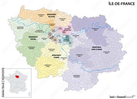 Detailed administrative map of the Ile-de-France region, France Stock ...