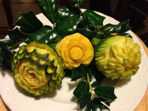 Carved Squash Flowers | Fruit carving, Fruit and vegetable carving ...