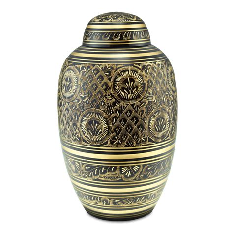 Adult brass cremation urn, classic form, black, ornate brass engraving – Cherished Urns