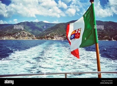 Italy, Liguria, Rapallo, stern of a ship with Genoese flag on the sea Stock Photo - Alamy