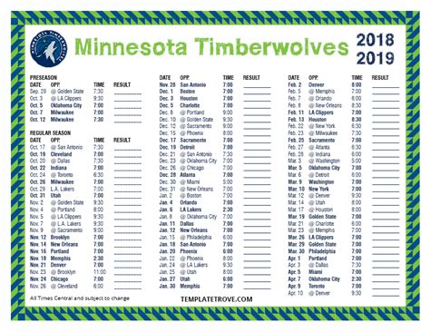 Printable 2018-2019 Minnesota Timberwolves Schedule