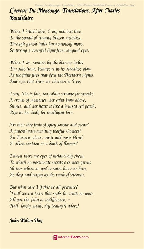 L'amour Du Mensonge. Translations. After Charles Baudelaire Poem by John Milton Hay