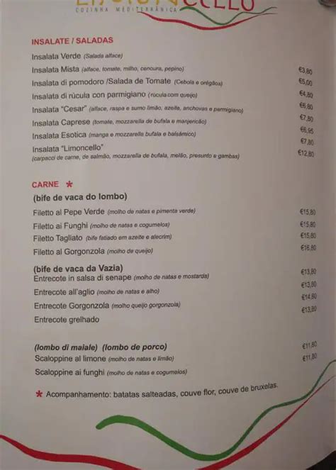 Menu at Limoncello restaurant, Lisbon