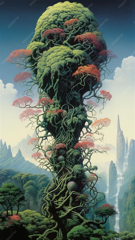 Premium AI Image | Painted surreal tree in fantasy landscape with ...