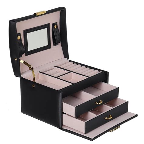 Novashion - 3-Layer Travel Jewelry Case Lockable Jewelry Box with Handle, Portable Leather ...