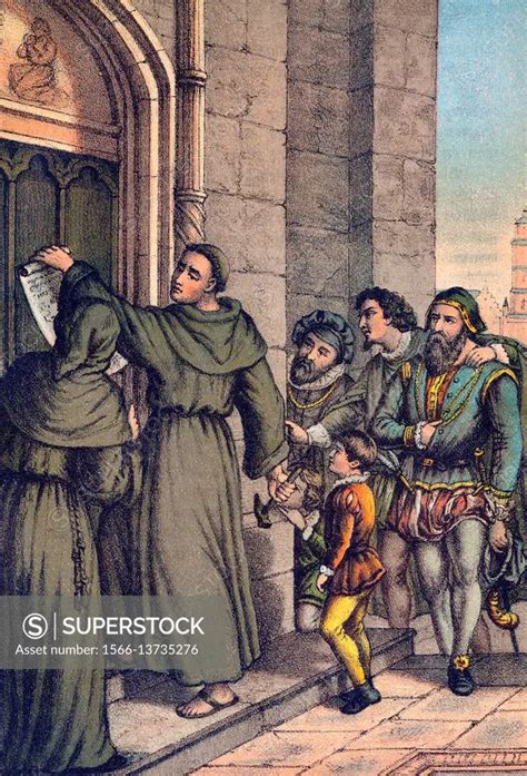 Martin Luther nailing his 95 theses on the door of the castle church of Wittenberg. - SuperStock