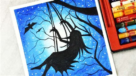 Halloween scenery Drawing with oil pastels step by step - YouTube