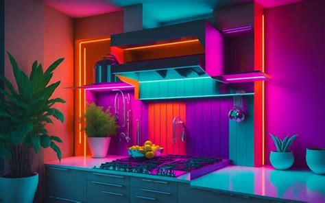 Premium AI Image | Photo of a modern kitchen with vibrant neon lighting and a touch of nature