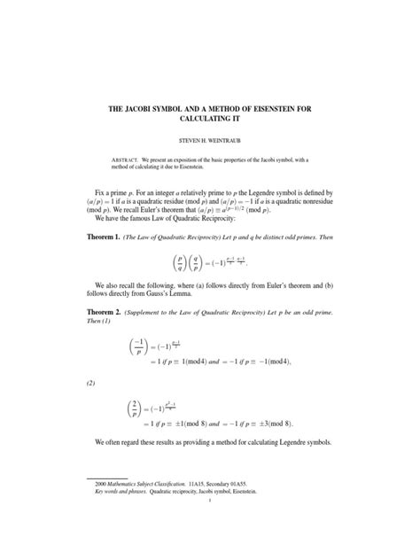 An Exposition of the Jacobi Symbol with Eisenstein's Method for ...