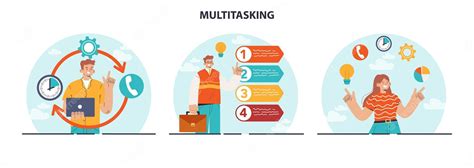 Premium Vector | Multitasking concept set effective and competent office worker managing