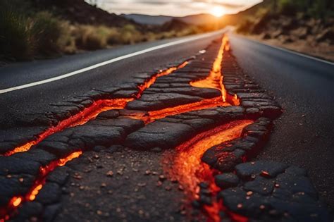 Premium Photo | A road with lava flowing into it