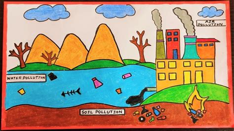air and water pollution drawing via factory and waste materials dump | science drawing academy ...