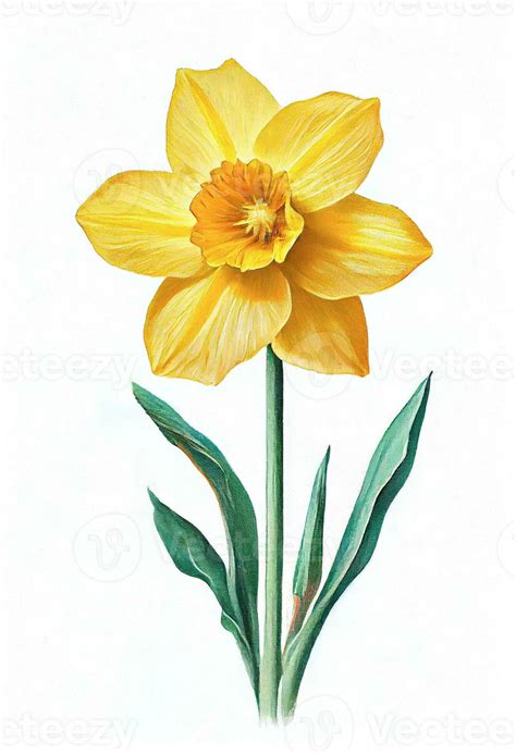 Yellow daffodil flower drawing isolated on white background. Watercolor ...