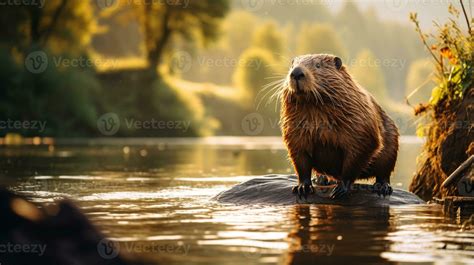 Close-up photo of a Beaver looking in their habitat. Generative AI ...