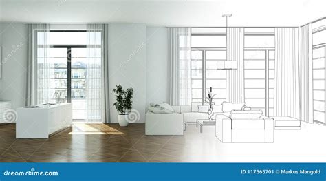 Interior Design Living Room Drawing Gradation into Photograph Stock ...