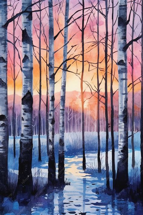 Premium AI Image | A painting of a forest with a sunset in the background.