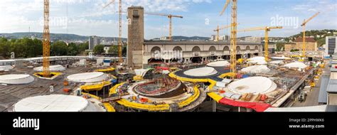 Stuttgart 21 construction site for new railway train station of Deutsche Bahn DB panorama city ...